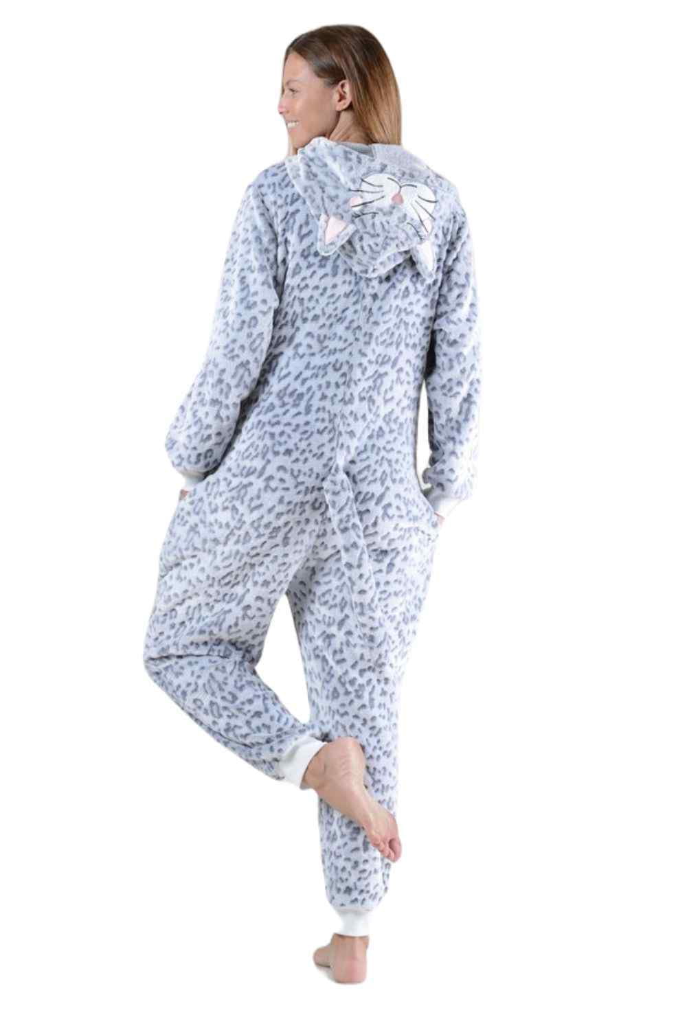 Women's Plush Animal Onesie Pajama, Grey Leopard, ML