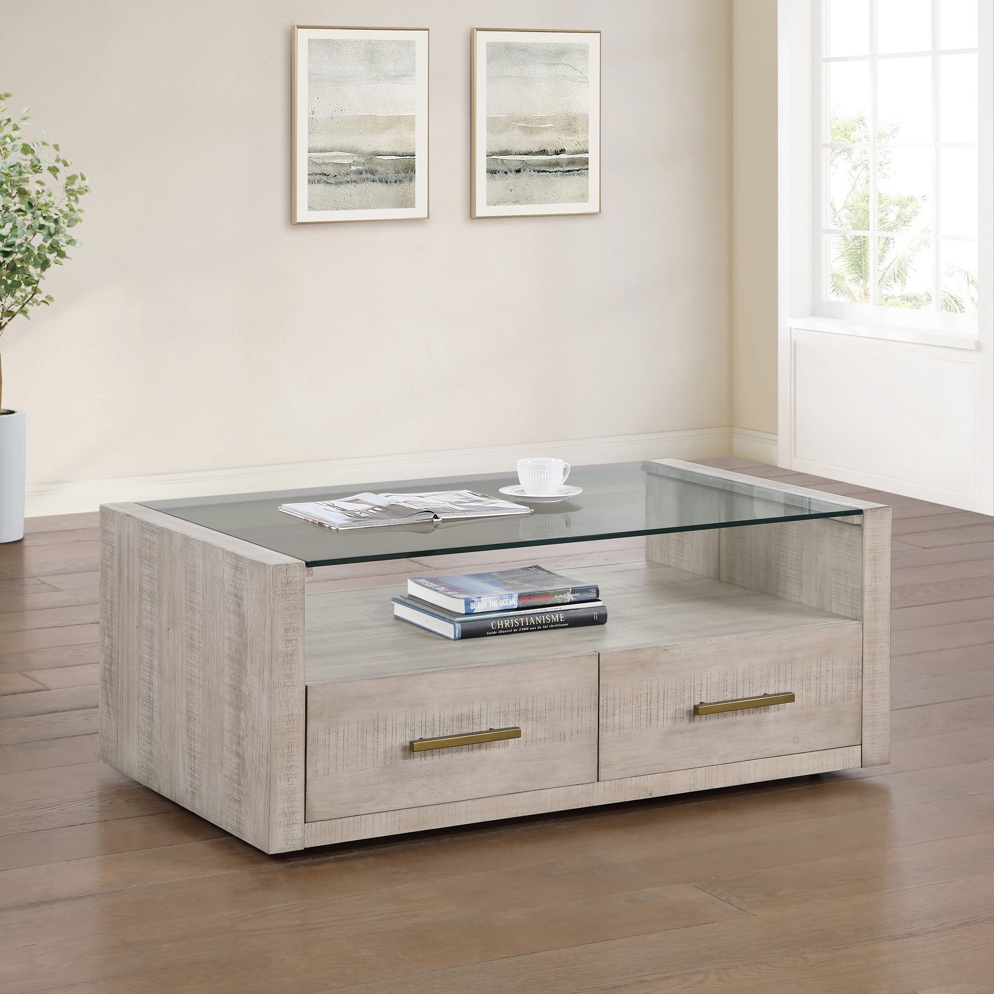 Steve Silver Garland Modern Coffee Table with Two Drawers and Casters, Washed Parchment