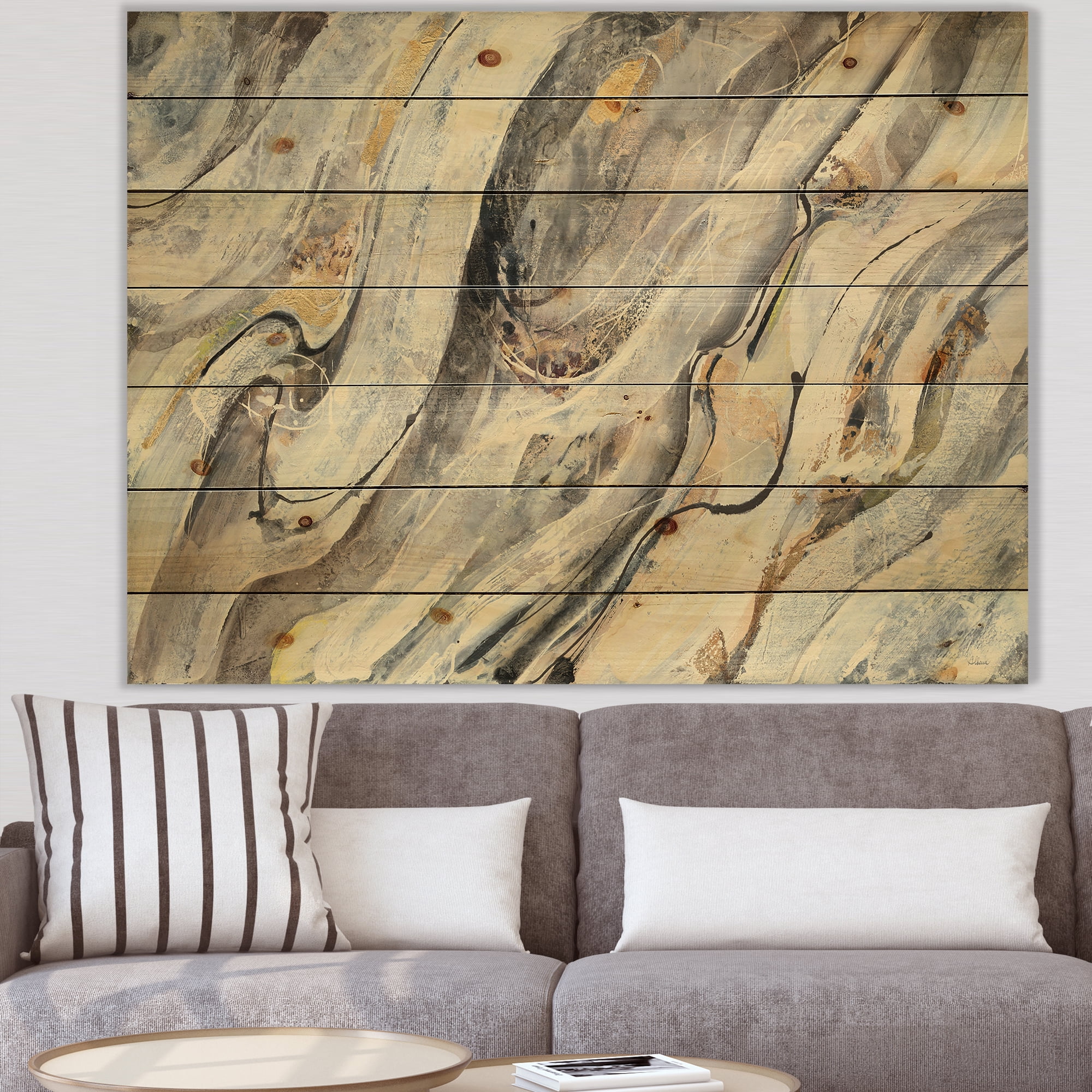 Designart 'Glam Golden Falls' Modern & Contemporary Print on Natural Pine Wood