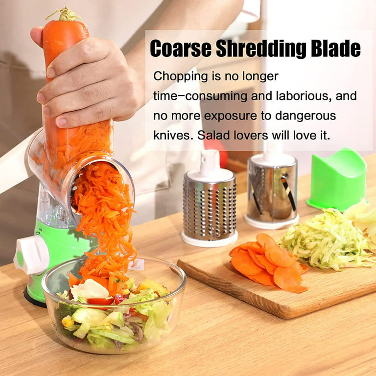 Home Rotary Cheese Grater, 3 in 1 Multi-functional Handheld Vegetables  Slicer Cheese Shredder with Rubber Suction Base, 3 Stainless Drum Blades