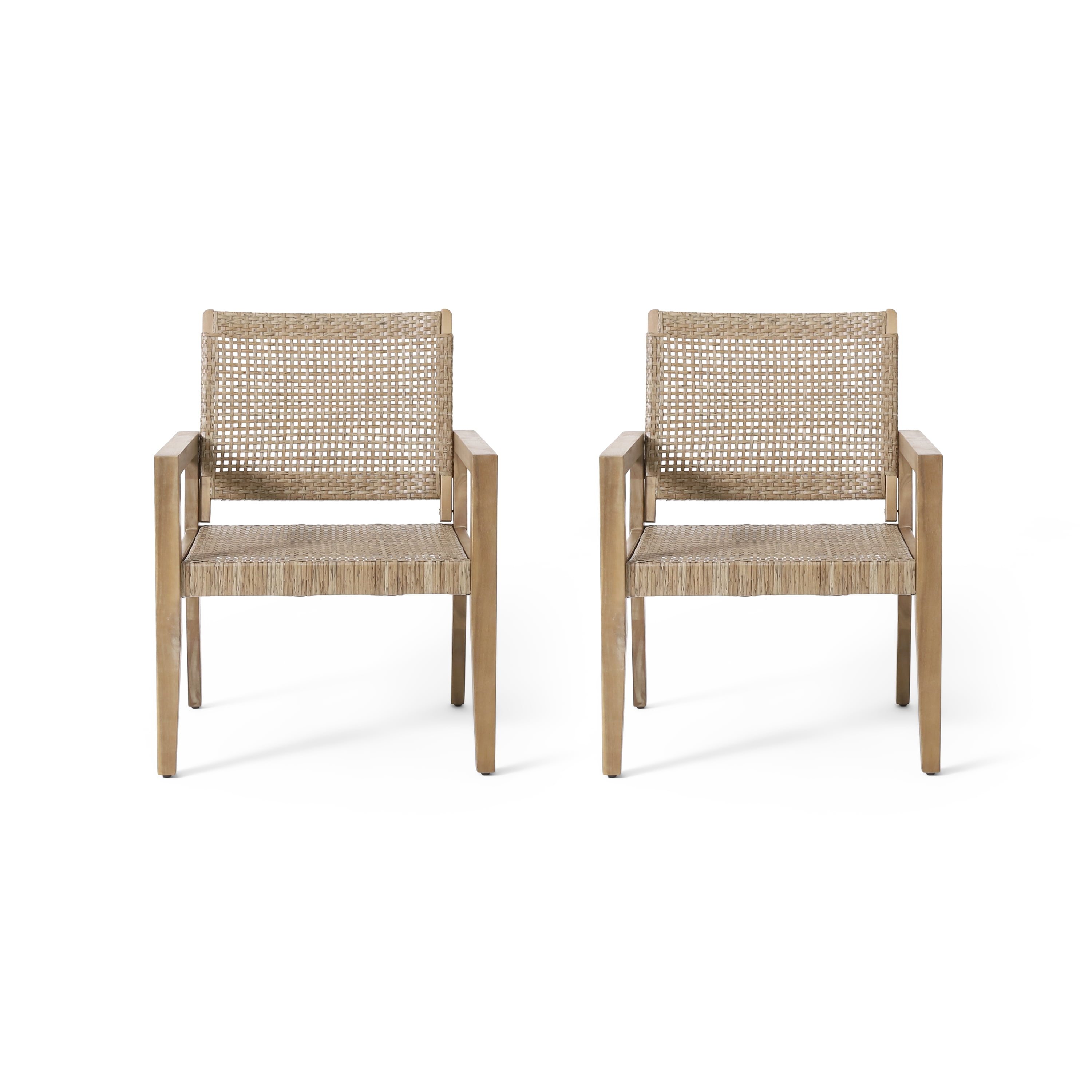 Outdoor Single Seat Chair Set of 2, Combined Wicker and Acacia Wood Structure for Patio Garden, Light and Light Brown