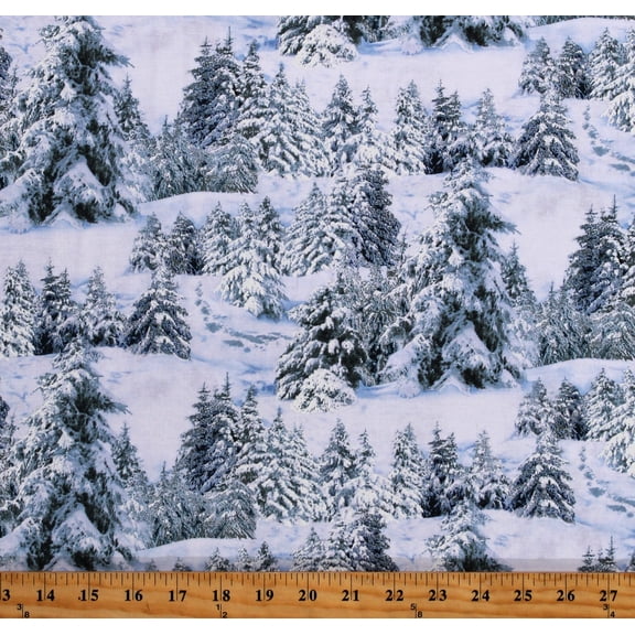 Cotton Winter Trees Snowy Pine Trees Evergreens White Landscape Medley Cotton Fabric Print by the Yard (215WHITE)