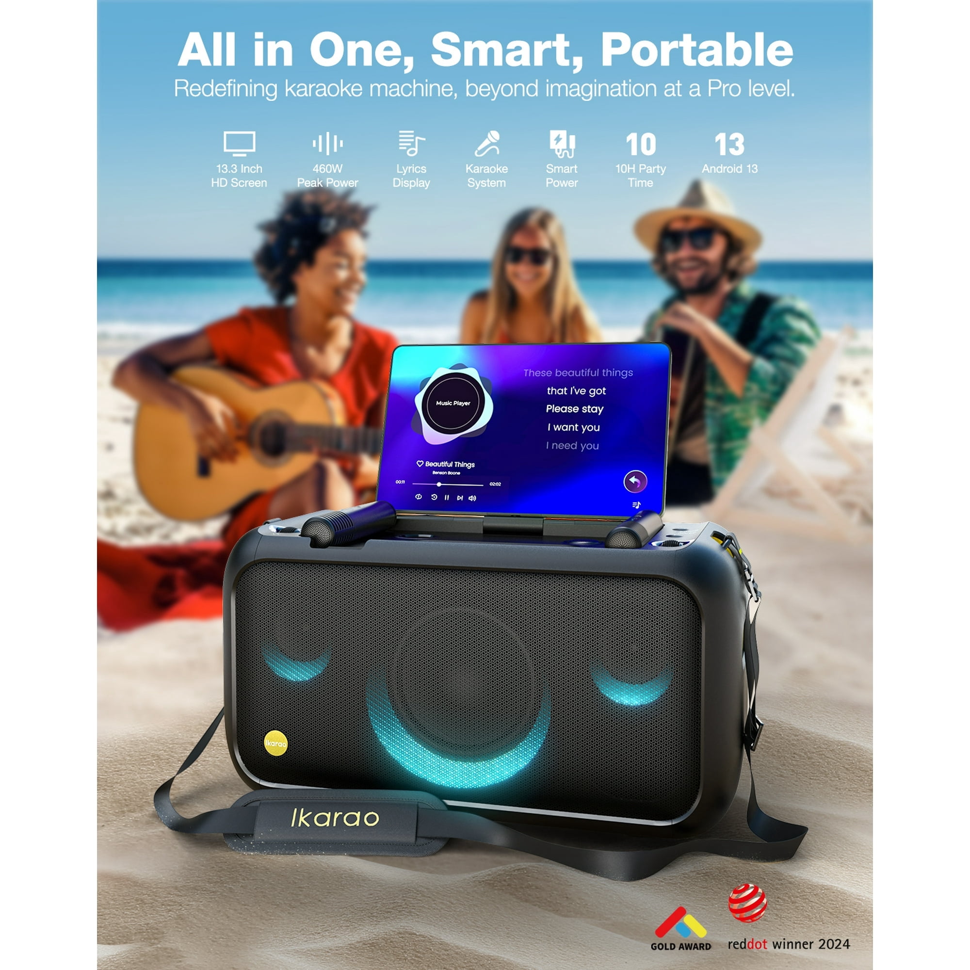 Ikarao Karaoke Machine for Adults, Built-in 13.3-inch Screen, Portable Bluetooth Speaker with 2 Wireless Mics for TV, Music Party