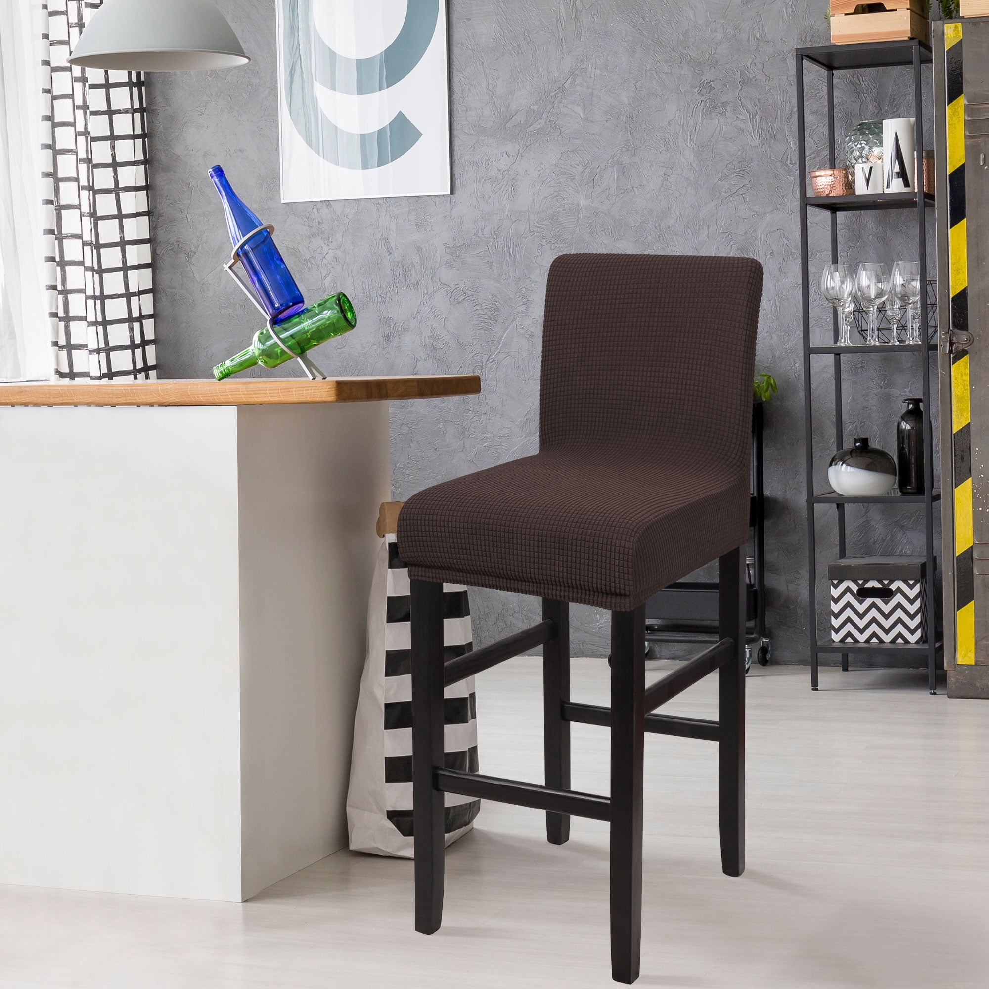 Unique Bargains Polyester Stretch Bar Stool Covers Elastic Band Mid Back Chair Slipcover Dark Brown 1 Pc
