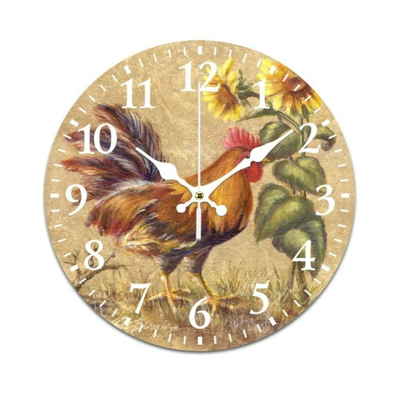 Wall Clock Mute Not Tick-Ink Painting Farm Cock Sunflower Pattern Funny Living Room and Kitchen Wall Clock, Battery Powered, Suitable for Home/Office/Bedroom