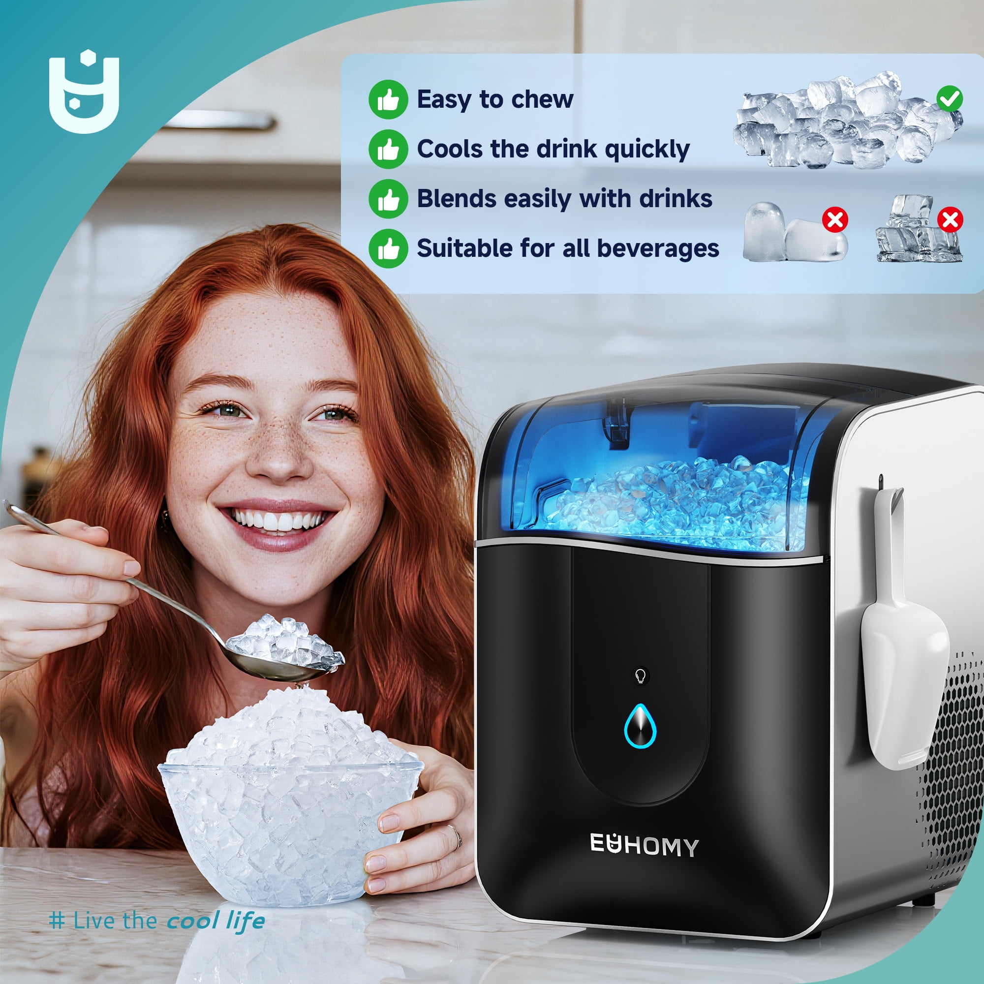 EUHOMY Countertop Nugget Ice Maker - 40Lbs/24H Soft Nugget Ice, Ultra-Quiet & Self-Cleaning, Compact for Home/Party