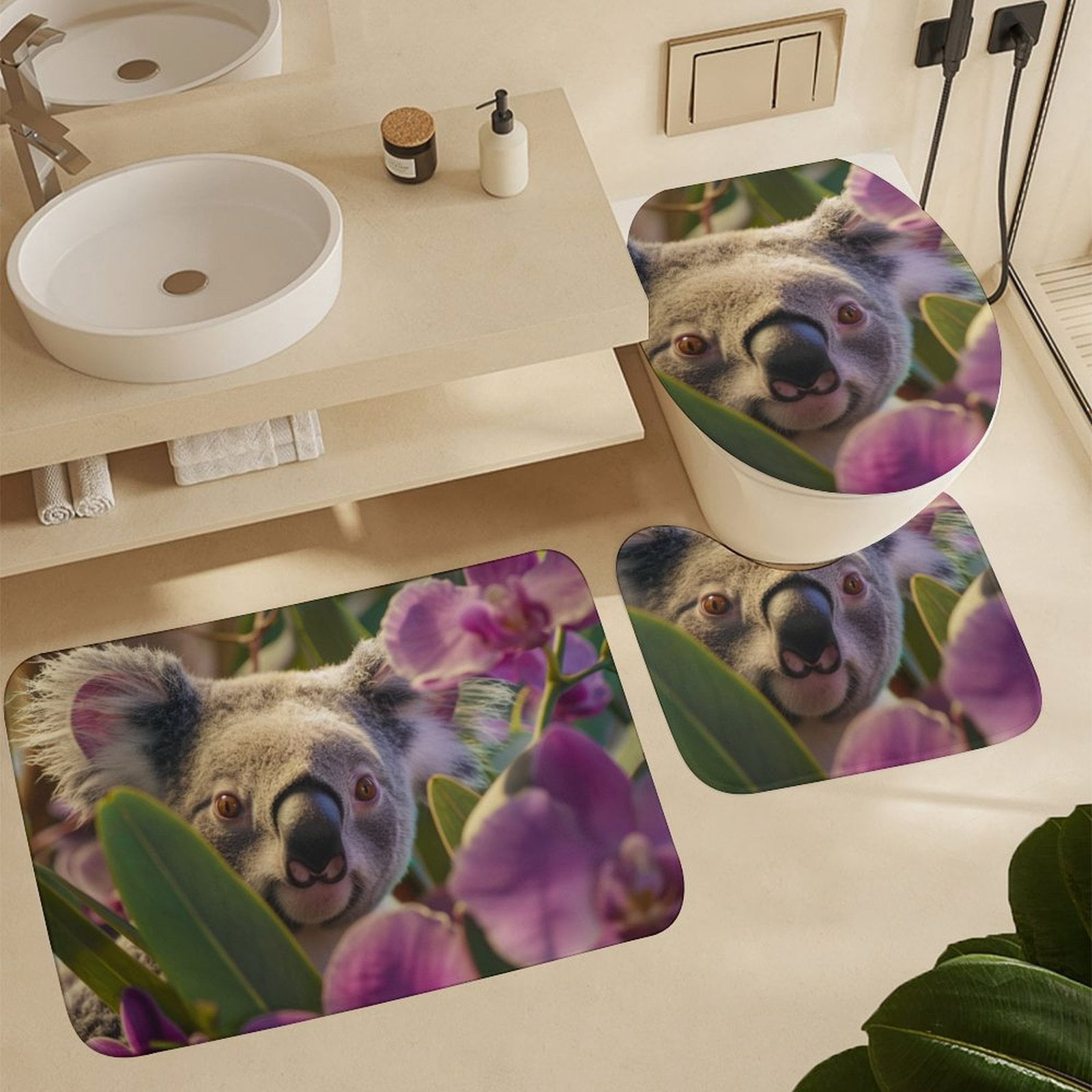 Shower Curtain Sets with Rugs 4 Piece Koala with Purple Orchids with Rugs Toilet Lid Cover And Bath Mat Custom Koala Bear Bathroom Shower Curtains Sets for Bathtub Decor 72inch X 72inch