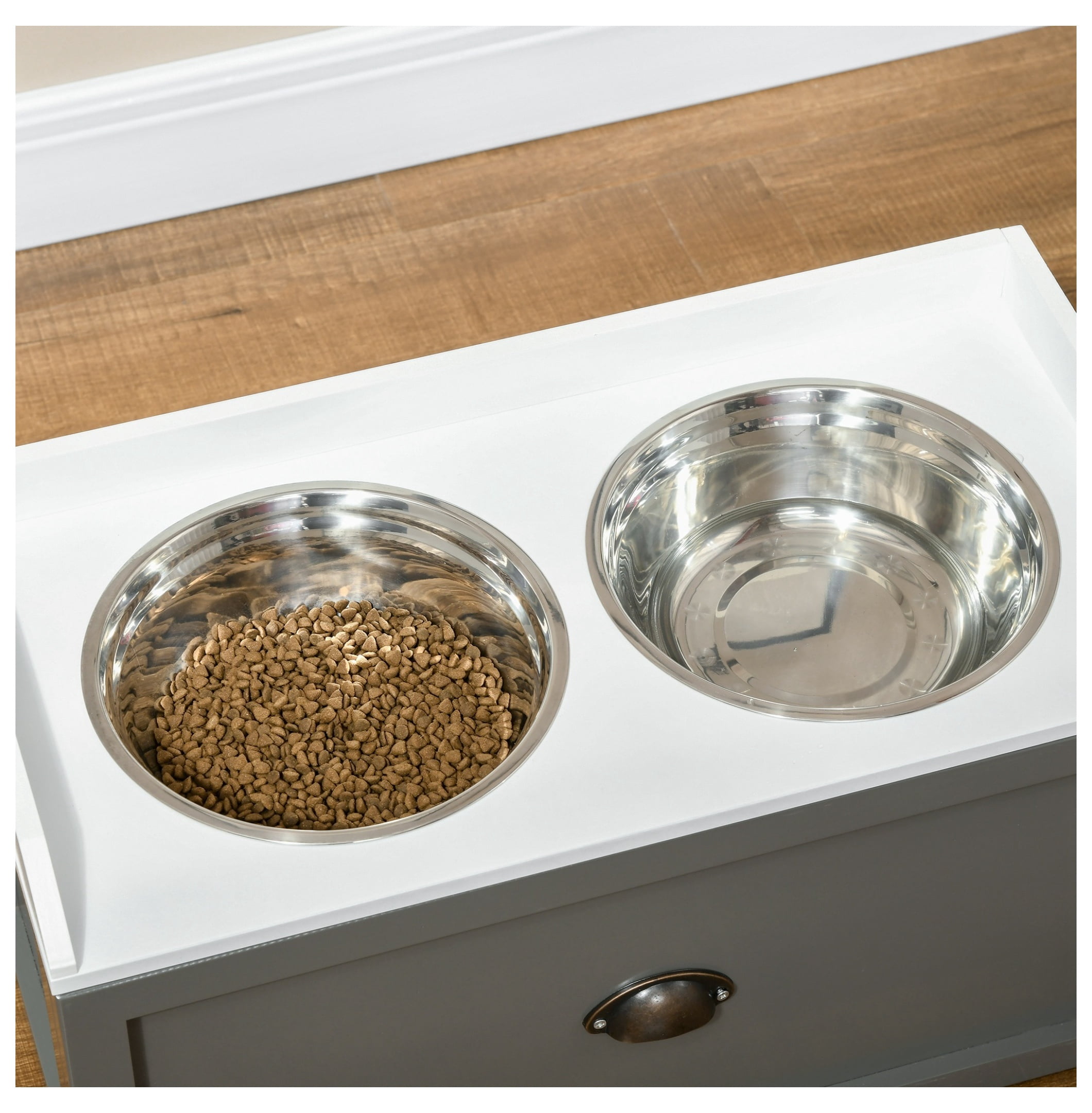 Dog Feeding Station Elevated Bowls, Large Dog Bowls with Storage, 2 Stainless Steel Bowls, Gray