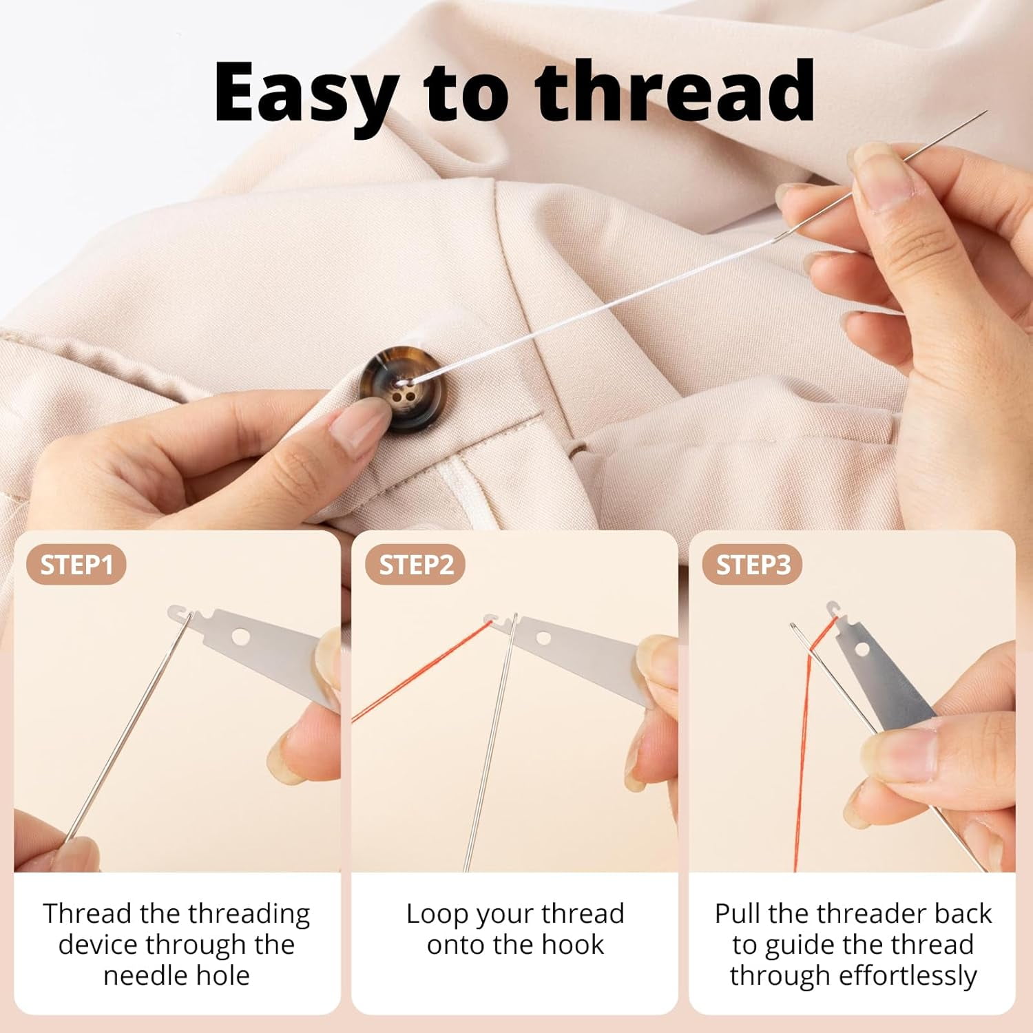 37 Piece Big Eye Sewing Needles Kit, Stainless Steel Hand Sewing Set with Thread Ripper, Needle Threaders, Threads and Thimbles