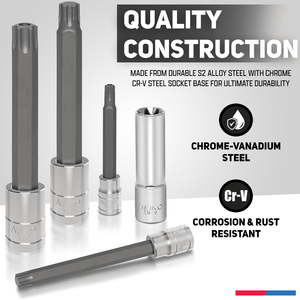 NEIKO 10287A Extra Long Socket Bits and Deep Socket Set | 60 Piece | S2 Tamperproof Torx Plus Bits and Cr-V Steel E-Torx Sockets