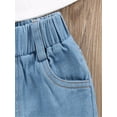 thumbnail image 5 of Gureui 3 Pcs Toddler Girls Jeans Set, Off Sloulder Top Ruffle Blouse + Blue Ripped Long Jeans + White Bowknot Headband Suits, 5 of 7