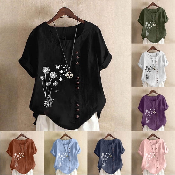 Fengqque Shirts for Women Summer Plus Size Crewneck Short Sleeve Button Tops Loose Fit Women's Top White-E XL(XL)