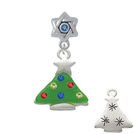 Christmas Tree Star Charm - Green Resin Christmas Tree with Crystals - Star of David with Blue Crystal Charm Bead