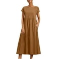thumbnail image 2 of Patlollav Womens Plus Size Women Dresses Summer Cotton Linen Solid Color Round Neck Short Sleeve Dress Long Dress, 2 of 6