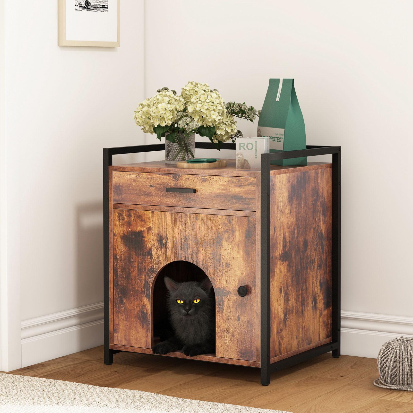 JVSISM Cat House and Litter Box, Rustic brown, 23.62" x21.22" x 27.87" Cat Nightstand