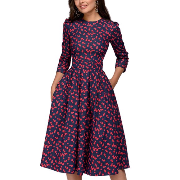 Gupgi Women Midi Dress with Pockets Vintage Elegant Evening Cocktail Dress