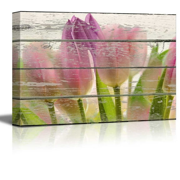wall26 - Pink Purple and Green Tulips Floral Artwork - Rustic Canvas Wall Art Home Art - 24x36 inches