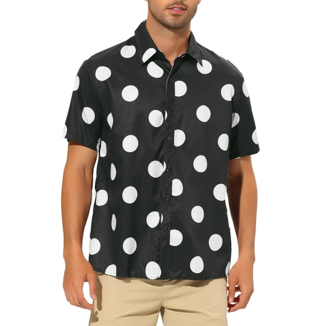 Camisa de playa de polka dots impresa para hombres INSPIRE CHIC, con botones, de manga corta, casual XL Negro
