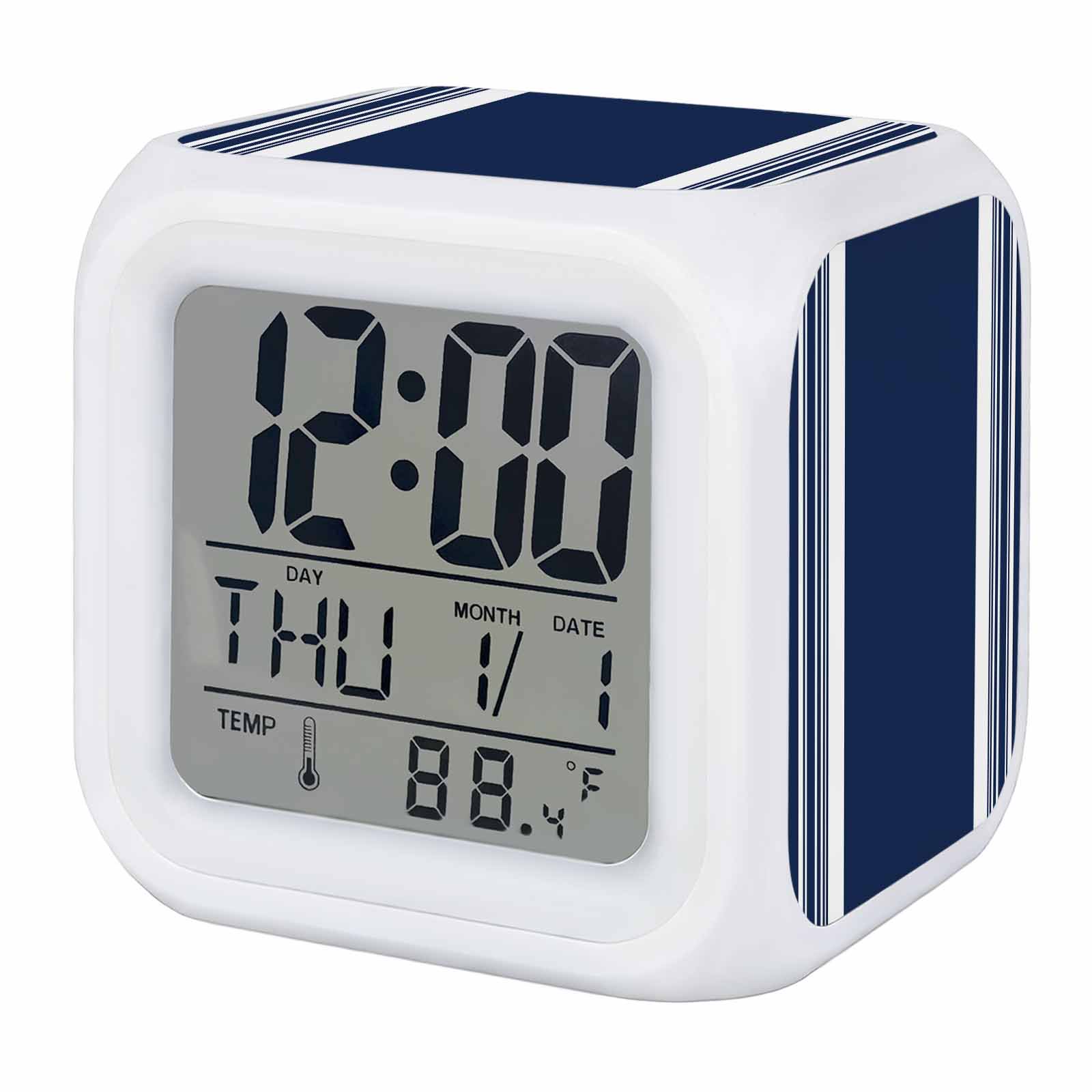 Navy Blue Striped Alarm Clock, Modern Classic Stripe Rustic Farmhouse Country Digital Clock Night Light with 7 Color, Calendar Temperature Display, LED Desk Small Clock for Bedrooms Living Room