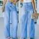 thumbnail image 2 of Pantalones vaqueros de pierna ancha de mezclilla lavados de cintura alta sueltos con temperamento de bolsillo de pétalo para mujer Fridja  hfkajh99293, 2 of 9