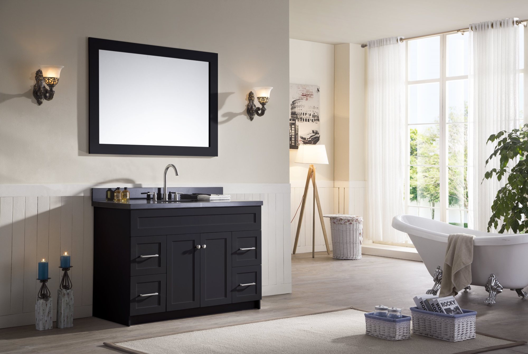 ARIEL Hamlet 49 in. Bath Vanity in Black with Granite Vanity Top in Absolute Black with White Basin and Mirror