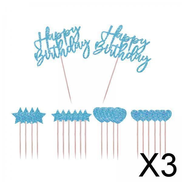 Paquete de 3 adornos para tartas con purpurina Soledad decoración de fiesta de cumpleaños color azul 3 piezas