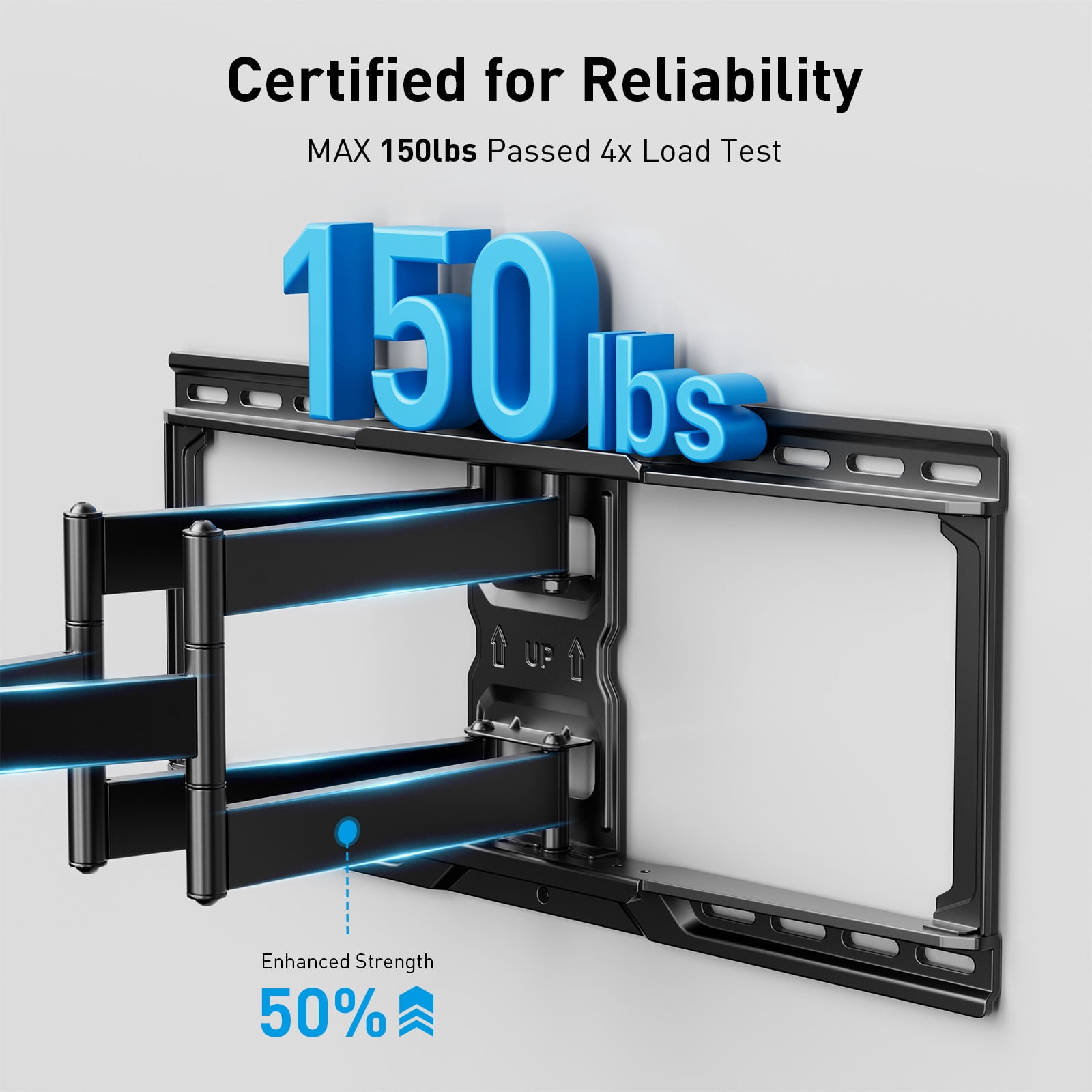 MountFTV Full Motion TV Wall Mount with Music-Sync RGB Light for 42-90" TVs up to 150 lbs, Fits 24″/16″ /12″ Wood Studs, Max 600x400mm, TV Wall Mount Bracket with Dual Articulating Arms, Swivel, Tilt