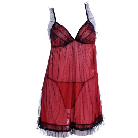 Black Negligee - Anna-Kaci S/M Fit Black and Red Lady Bug Inspired Swiss Dot Pattern Negligee
