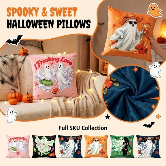 Halloween Home Decor, Fun Ghost Halloween Decorations, Pink Decorative Pillow, Watermelon Themed Pillow Decor, 18X18 Inch Double Sided Linen Soft Summer Ghost Print Pillow Cover
