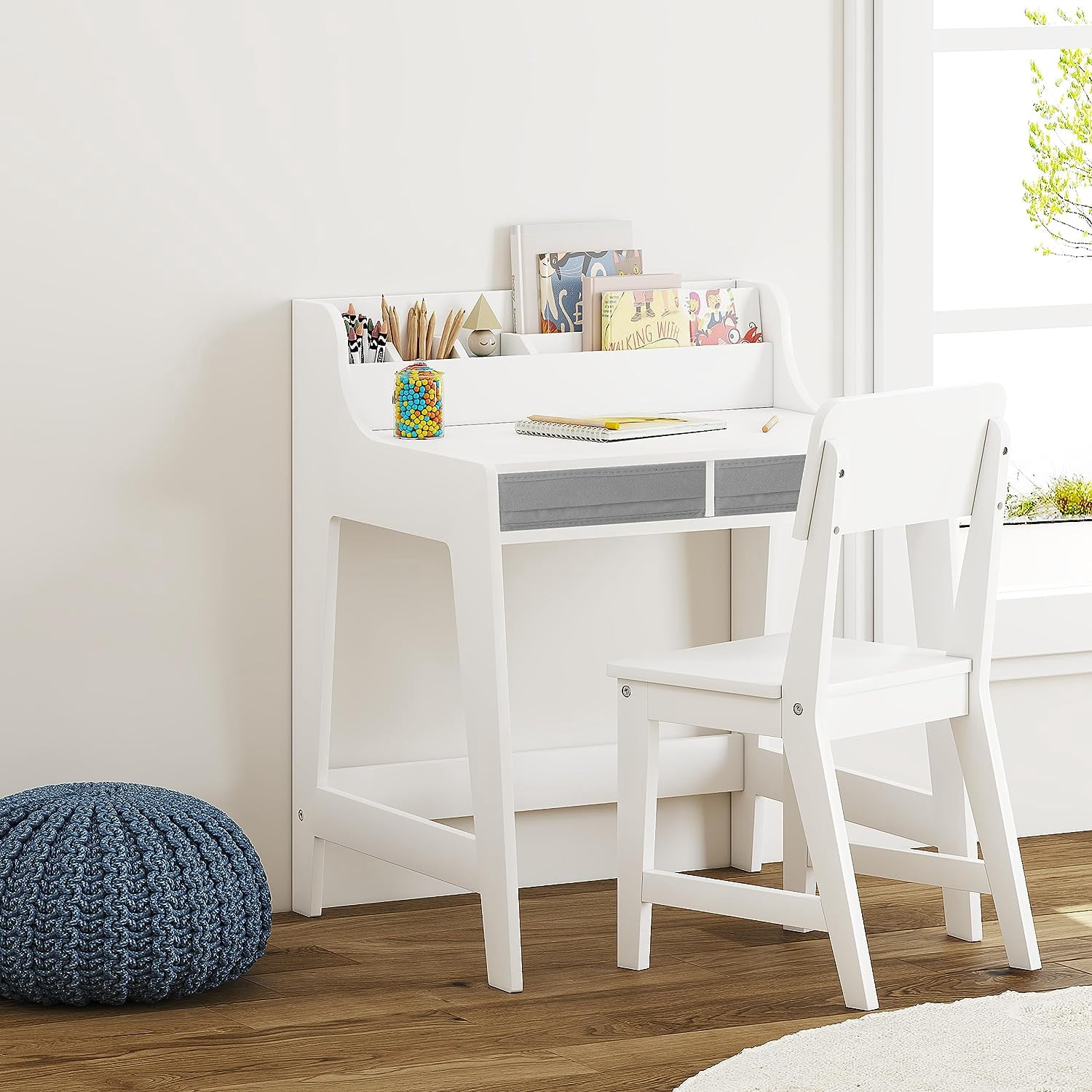 Utex Kids Study Desk with Storage Bins Activity Table and Chair Set, White