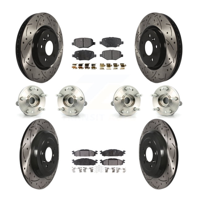 Transit Auto Front Rear Hub Bearing Assembly Coated Disc Brake Rotor and Semi-Metallic Pads Kit (10Pc) for Car 2015 Ford Explorer Limited Sport XLT Without Heavy Duty Brakes Left Right Side KBB-127036