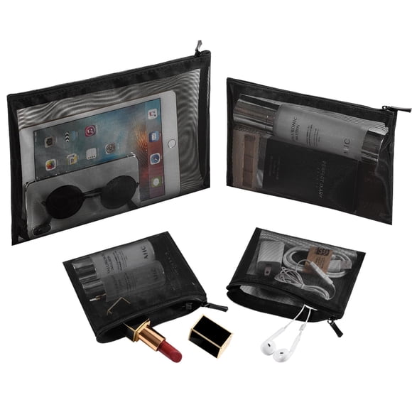 EASYFUN Bolsa de malla, bolsa de maquillaje con cremallera, bolsa organizadora de cosméticos para uso diario o de viaje para guardar objetos pequeños, 4 piezas, color negro