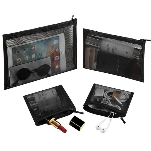 EASYFUN Bolsa de malla, bolsa de maquillaje con cremallera, bolsa organizadora de cosméticos para uso diario o de viaje para guardar objetos pequeños, 4 piezas, color negro