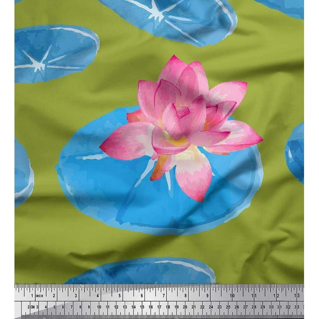 Soimoi polyester Crepe Fabric Leaves & Lotus Flower Print Fabric by the Yard 42 Inch Wide