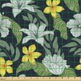 thumbnail image 2 of Ambesonne Tropical Fabric by the Yard Upholstery, Hibiscus Plumeria Leaf Art, 1 Yard, Navy Blue Earth Yellow, 2 of 5