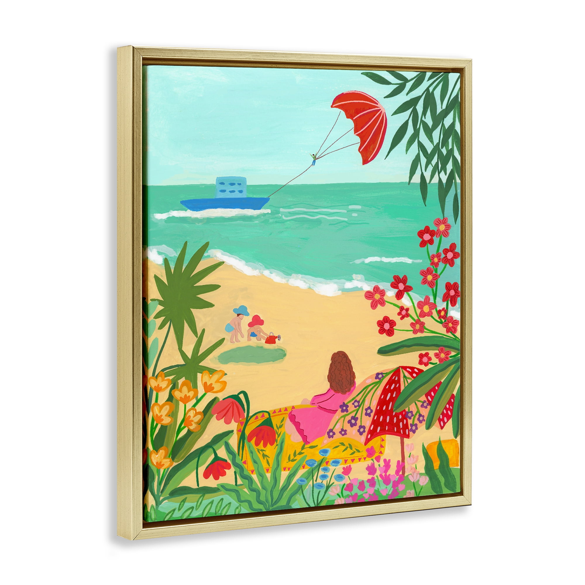 Beach And Flowers View Gold Framed Floater Canvas Wall Art, design by Nabeela Rumi