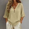 thumbnail image 2 of Feancey Womens 3/4 Sleeve Gauze Tops Button V Neck Summer Blouse Loose Fit Casual Boho T Shirts Solid Lightweight Beach Vacation Tee Shirt Khaki L, 2 of 8
