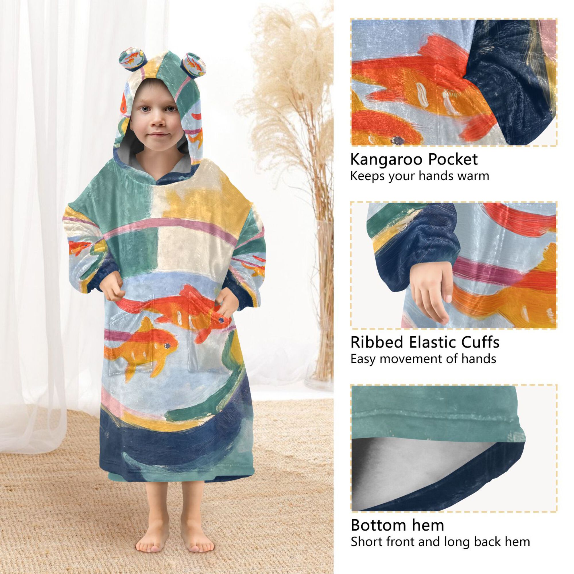 FORMRS Wearable Blanket Hoodie with Sleeves for Kids Cozy Flannel Sweatshirt, Goldfish Bowl