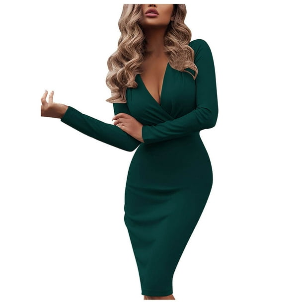 CEHVOM Women Fashion Solid Color Hollow Out Long Sleeve Sheath Knee-Length  Dress