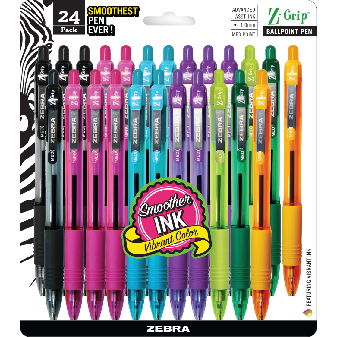 Zebra Z-Grip Retractable Ballpoint Pen 1.0mm, Assorted Ink Colors, Clear Barrels, 24-Pack