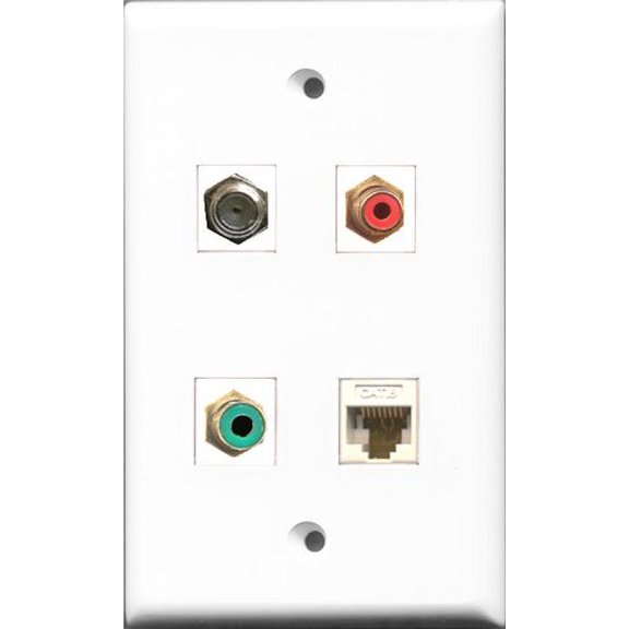 RiteAV 1 Port RCA Red and 1 Port RCA Green and 1 Port Coax Cable TV- F-Type and 1 Port Cat6 Ethernet White Wall Plate