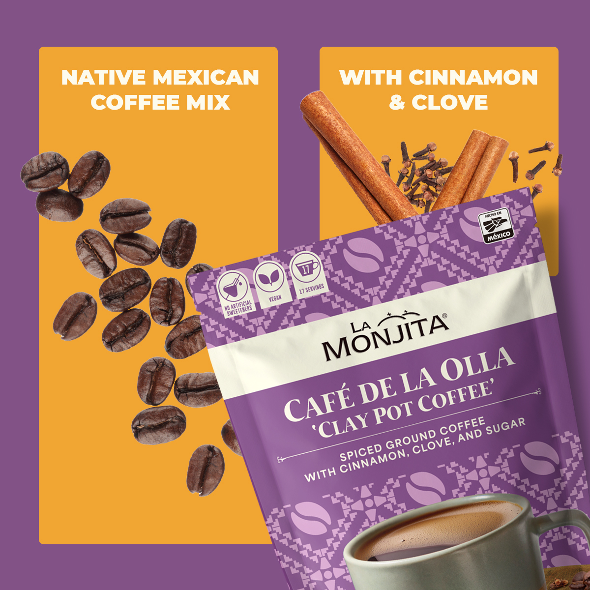 La Monjita Traditional Mexican Cafe de la Olla - Ground Coffee Blend with Cinnamon & Clove (500g / 17.6oz Pouch)