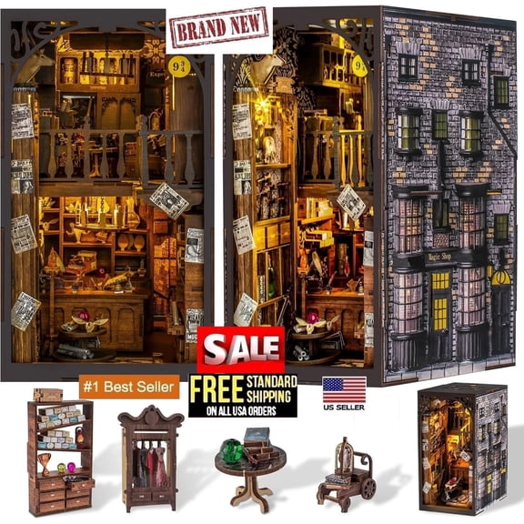 DIY Book Nook Kit, 3D Wooden Puzzle Miniature Booknook Bookend magic book store Bookshelf Decor with LED Light, Dust Cover, Book Nook Kits for Adults Teen Ideas