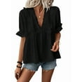 thumbnail image 3 of Women'S Summer Short Sleeve Babydoll Top Ruffle V Neck Dots Flowy Shirt Blouse Black XXL, 3 of 8