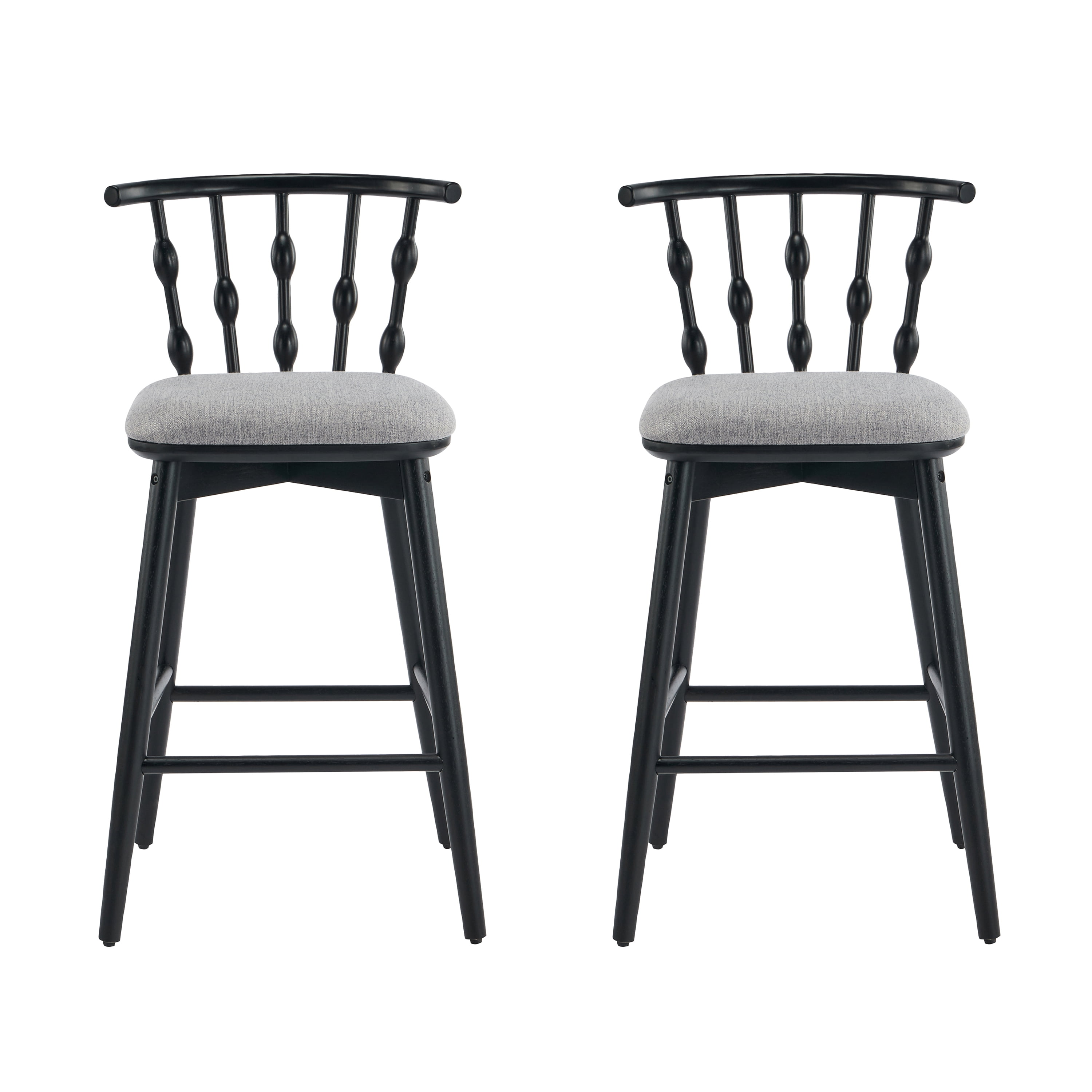 Indoor Barstool Set of 2, Black Rubberwood Frame with Grey Fabric Upholstery for Kitchen Counter Home Bar