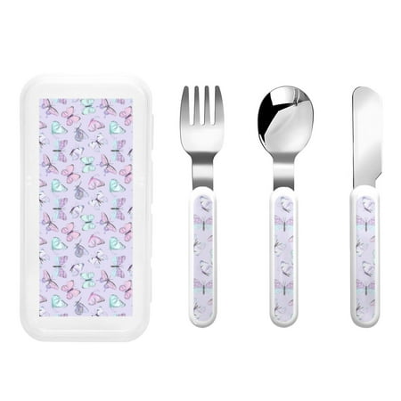 

Easygdp Purple Butterfly 3-Piece Flatware Set Kids Silverware Stainless Steel Toddler Kids Utensils Safe for Preschooler Children