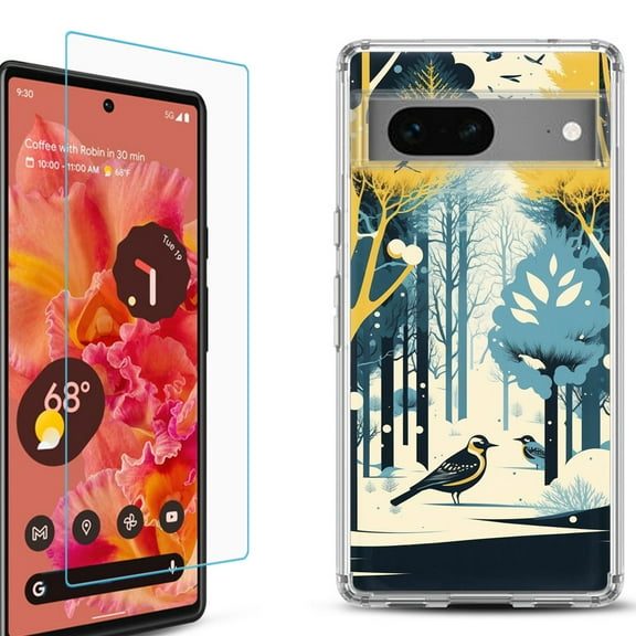 OneToughShield ® for Google Pixel 7a Shockproof Bumper Phone Case, with Tempered Glass Screen Protector - Winter Birds
