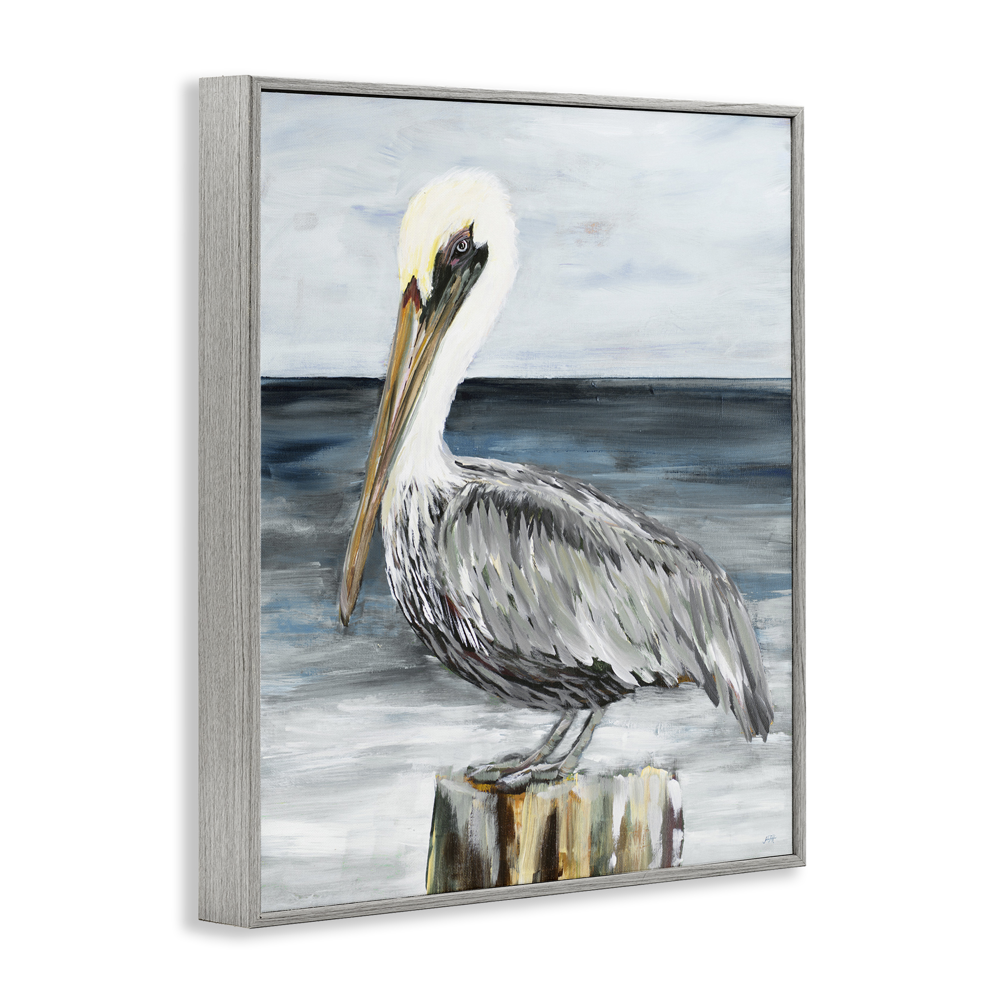 Stupell Industries Peaceful Beach Pelican Animals & Insects Painting Gray Framed Art Print Wall Art, 11 x 14
