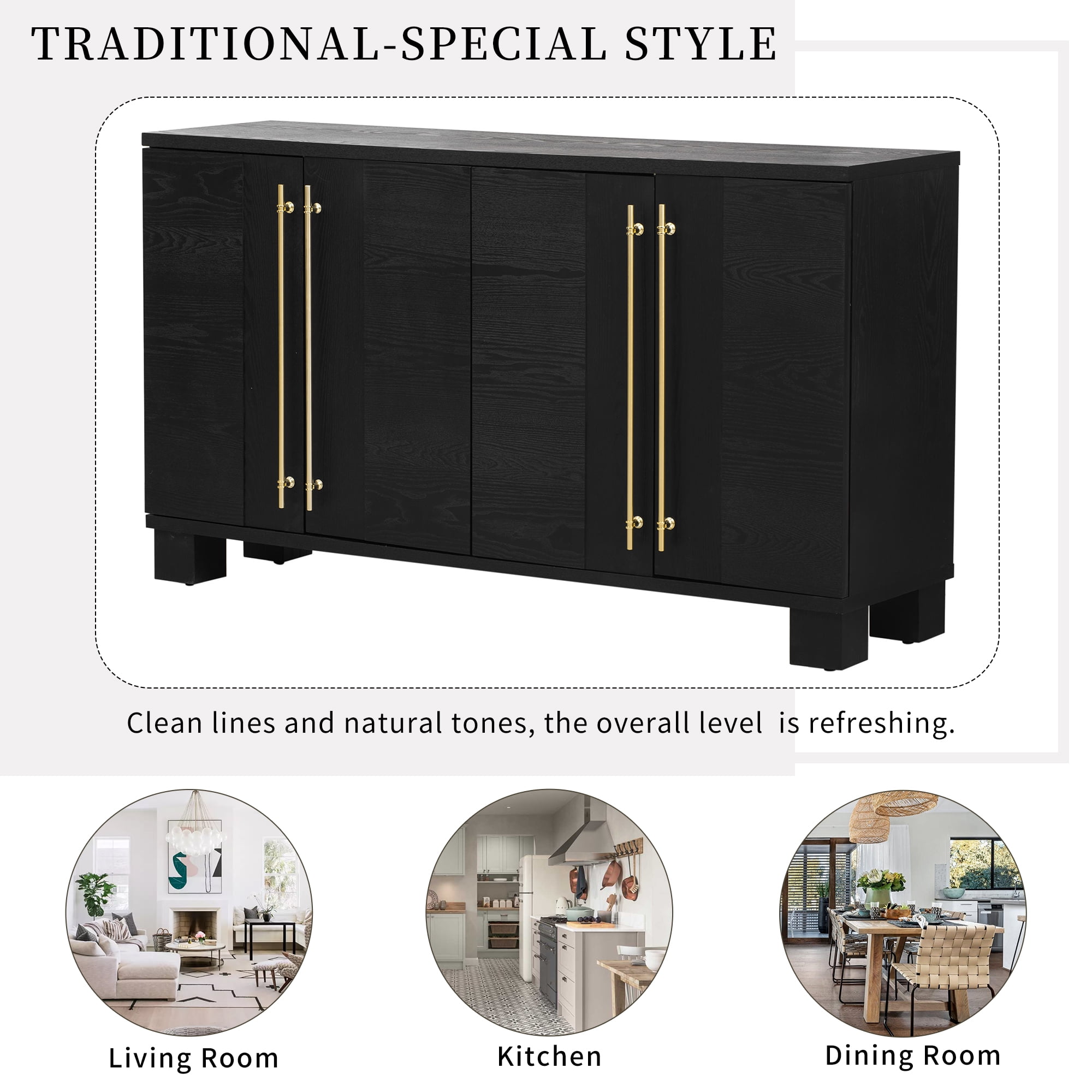 Vastcury 60" Traditional Style 4 Door Kitchen Sideboard Cabinet, Storage Coffee Bars with Gold Handles for Living Room, Black