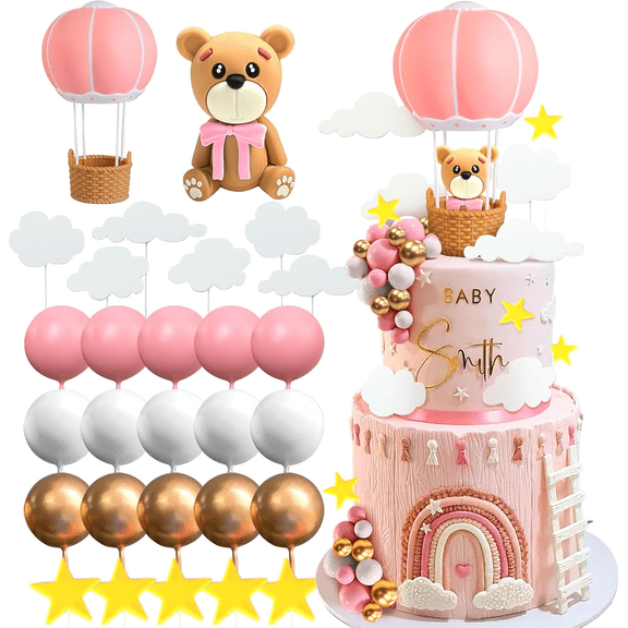 Pink Hot Air Balloon Bear Cake Decorations - Fairy Tale Themed Party Supplies Set